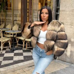 Winter Women Real Natural Raccoon Silver Fox Fur Detachable Sleeve Coat Length 50 cm Sleeve Length 55cm 201006